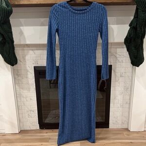 Blue Ribbed Knit Dress long bodycon